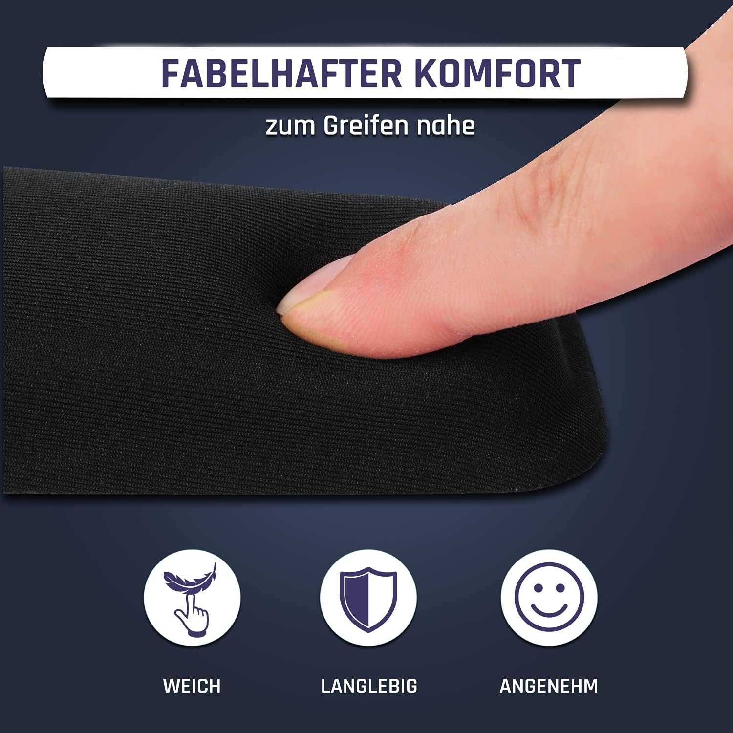 Ein schwarzes Schaumstoffpolster, in das ein Finger eindrückt, darunter Symbole für weich, langlebig und bequem.