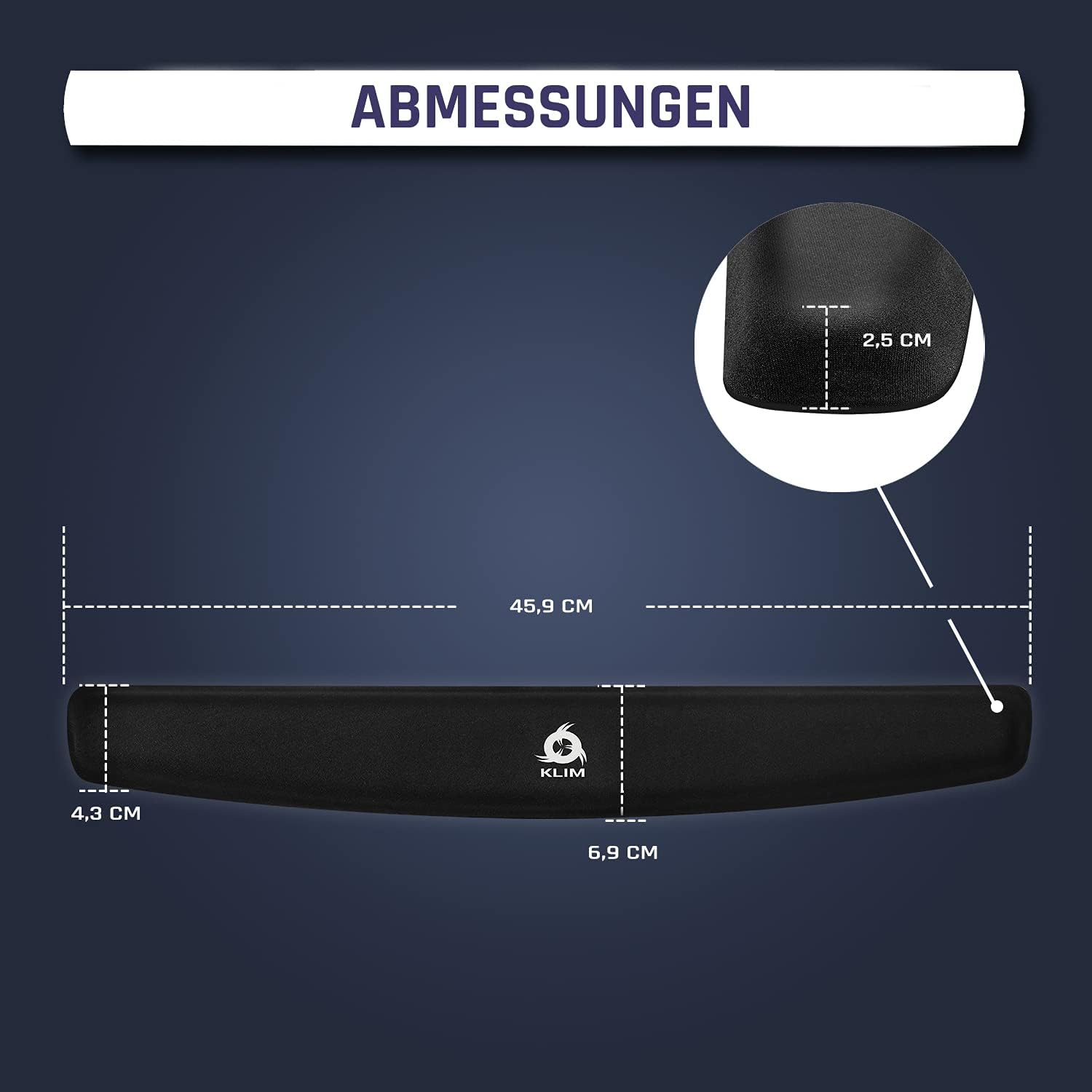 Schwarze, ergonomische Handgelenkauflage mit Maßen. Sie hat das Klim-Logo und ist auf dunklem Hintergrund isoliert.
