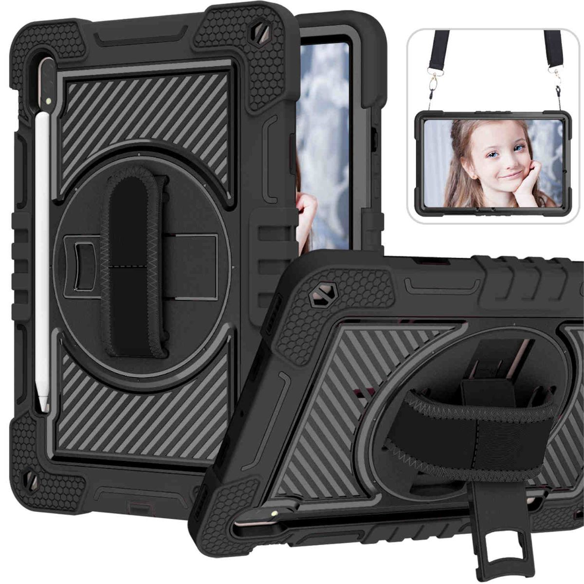 WIGENTO 360 Grad Outdoor Hybrid Backcover, mit S8 FE S7, / Tab Samsung, aufstellbar, Tab S9 Tasche Schwarz Galaxy Halte-Schlaufe u. S9 