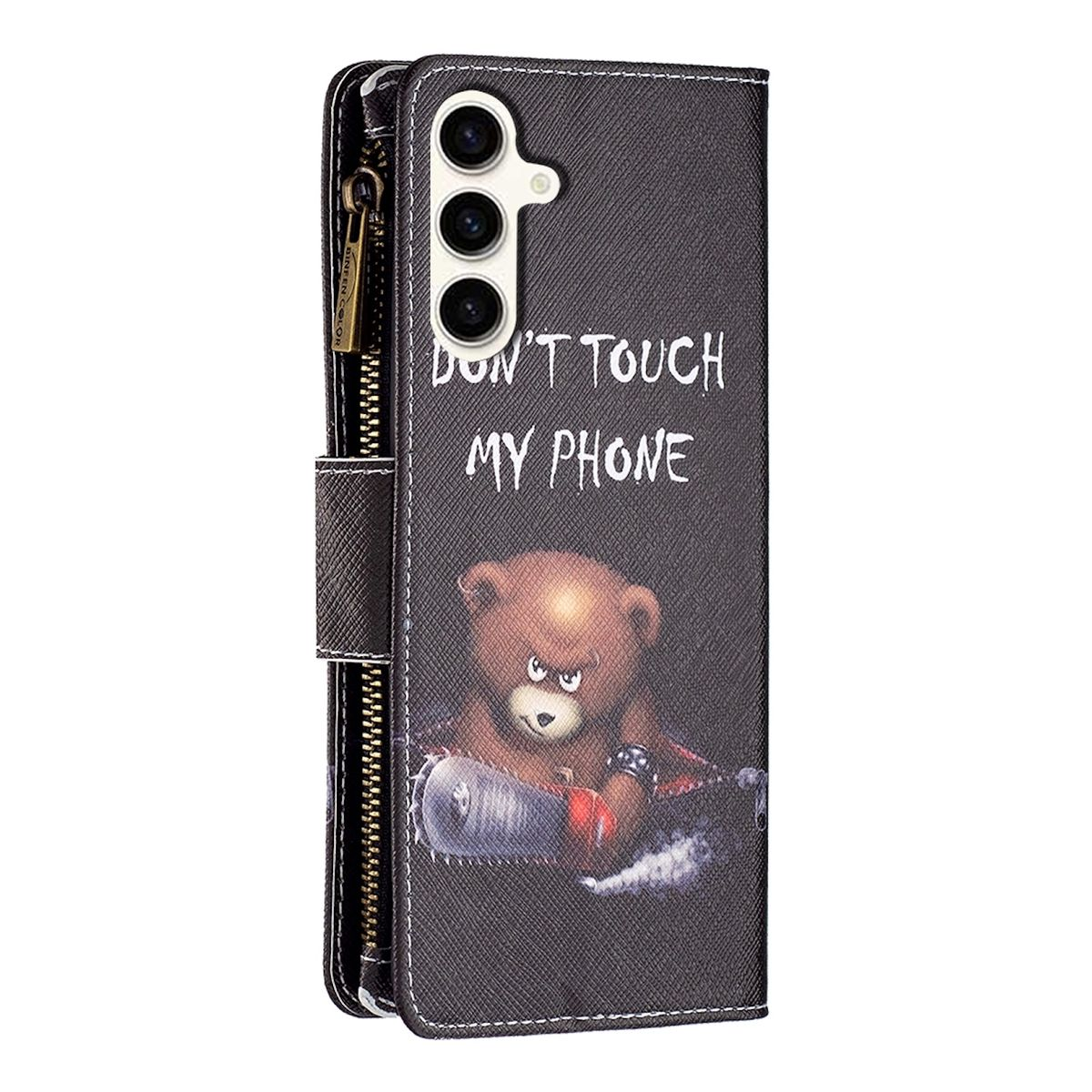 WIGENTO Wallet Motiv S23 Galaxy Book Druck Schwarz & Bookcover, Kreditkarten Tasche Fach, / Muster mit Samsung, mit Reißverschluss Geld FE