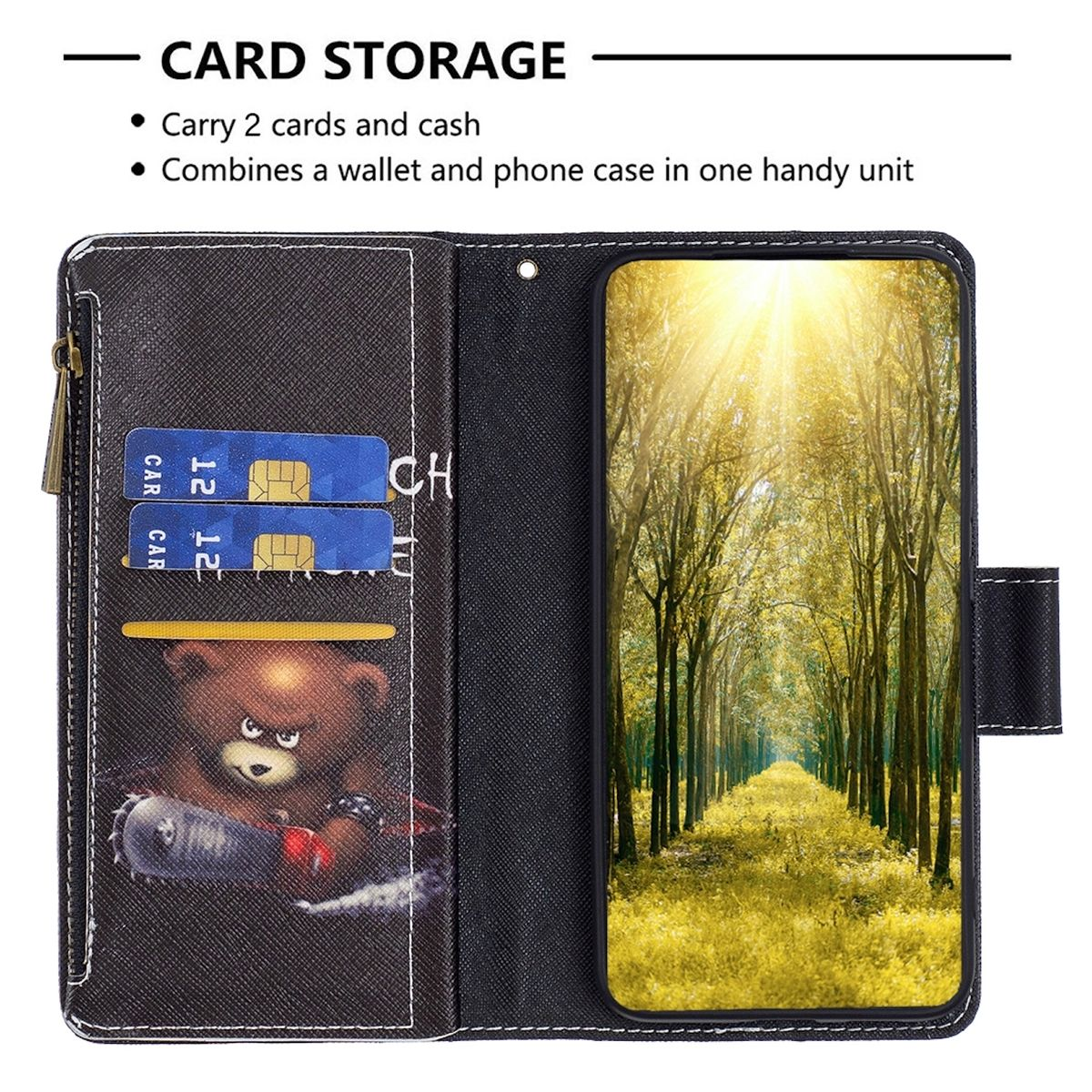 WIGENTO Wallet Motiv S23 Galaxy Book Druck Schwarz & Bookcover, Kreditkarten Tasche Fach, / Muster mit Samsung, mit Reißverschluss Geld FE