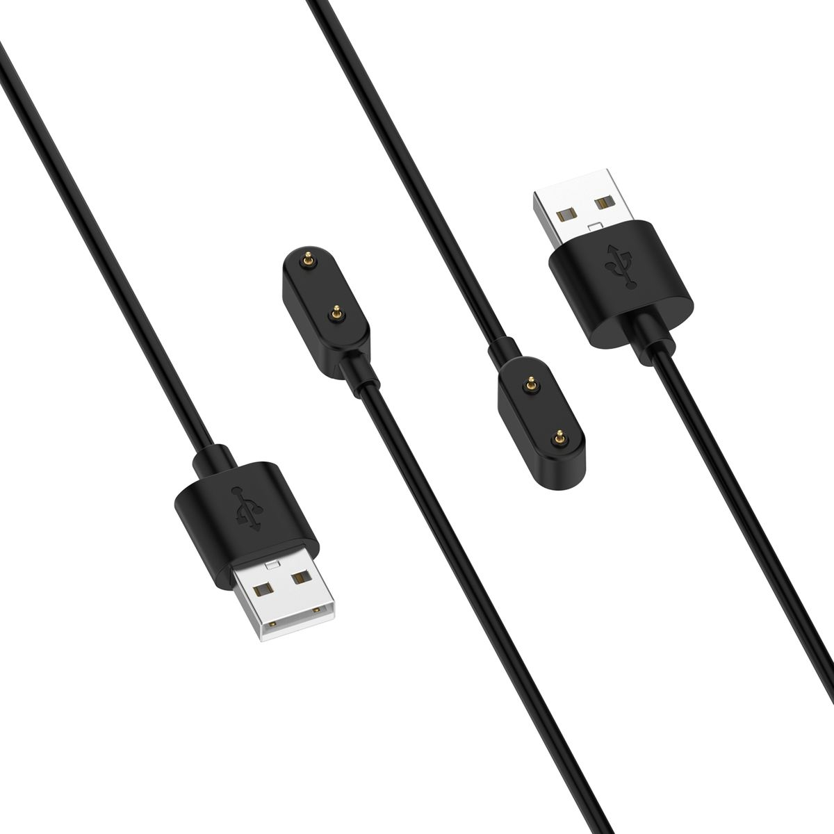 Drei schwarze Ladekabel mit USB-Anschlüssen. Die Kabel haben kleine magnetische Anschlüsse an einem Ende.