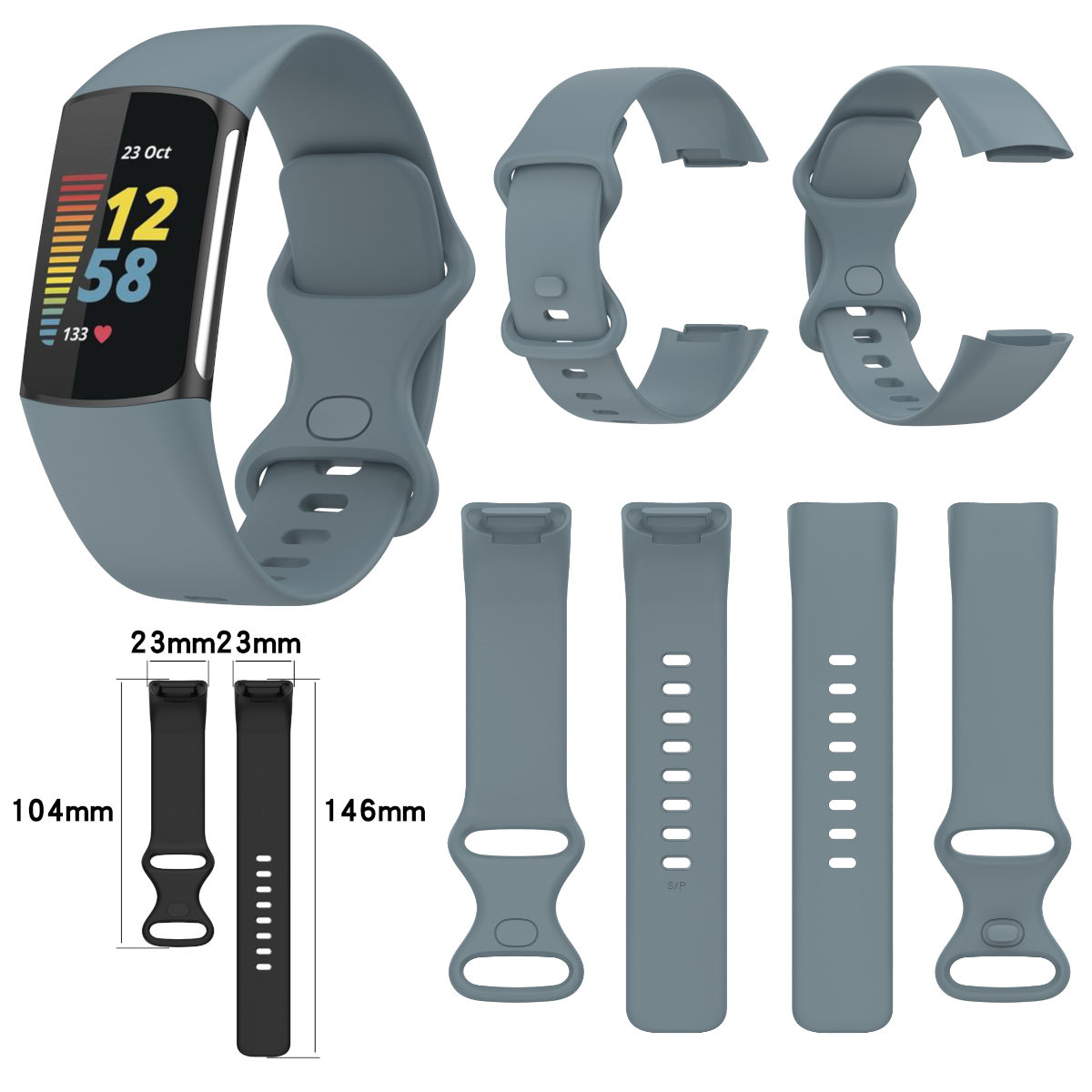 WIGENTO Kunststoff / Silikon Sport Dunkel 6 Fitbit, Größe Band Grün L, Ersatzarmband, Charge 5, 