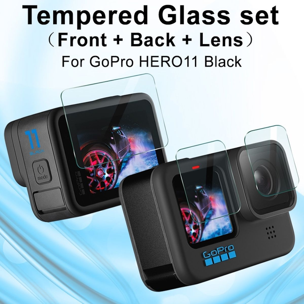 Zwei schwarze GoPro Hero 11 Kameras mit Displayschutzfolien. Text sagt 'Tempered Glass set (Front + Back + Lens)'.