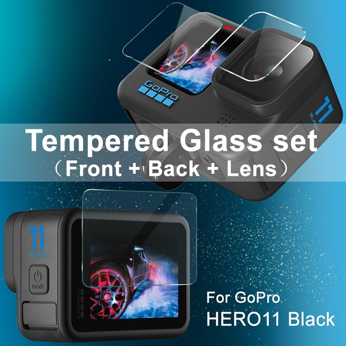 GoPro HERO11 Black Kamera mit Displayschutzfolien und Text: Gehärtetes Glas-Set für GoPro.
