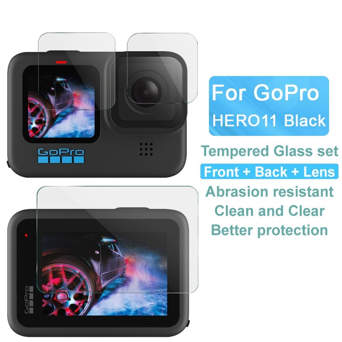 Zwei GoPro-Kameras und Displayschutzfolien, mit Text 'For GoPro HERO11 Black'.