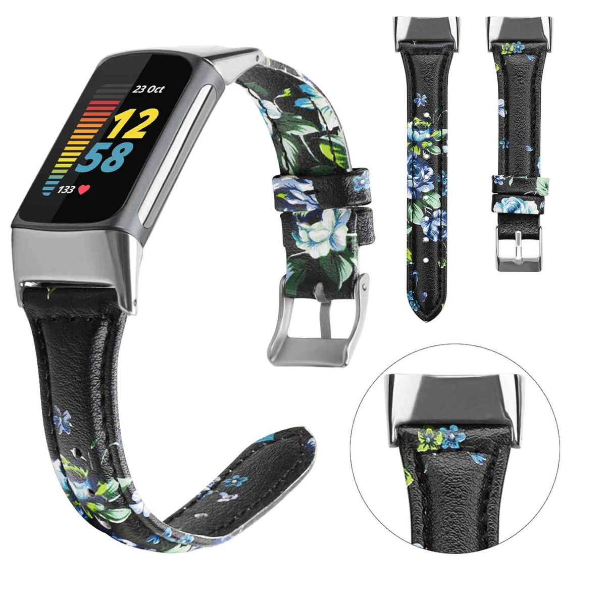 Schwarzes Smartwatch-Armband mit floralem Muster und silberner Schnalle. Zusätzliche Bandteile sind gezeigt.