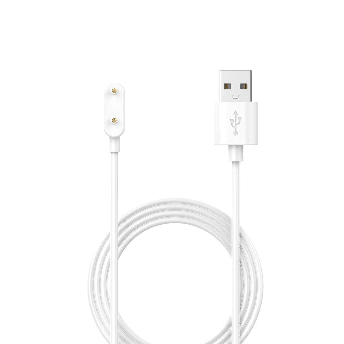 Ein weißes USB-Ladekabel mit einem magnetischen Stecker und einem USB-A-Anschluss.
