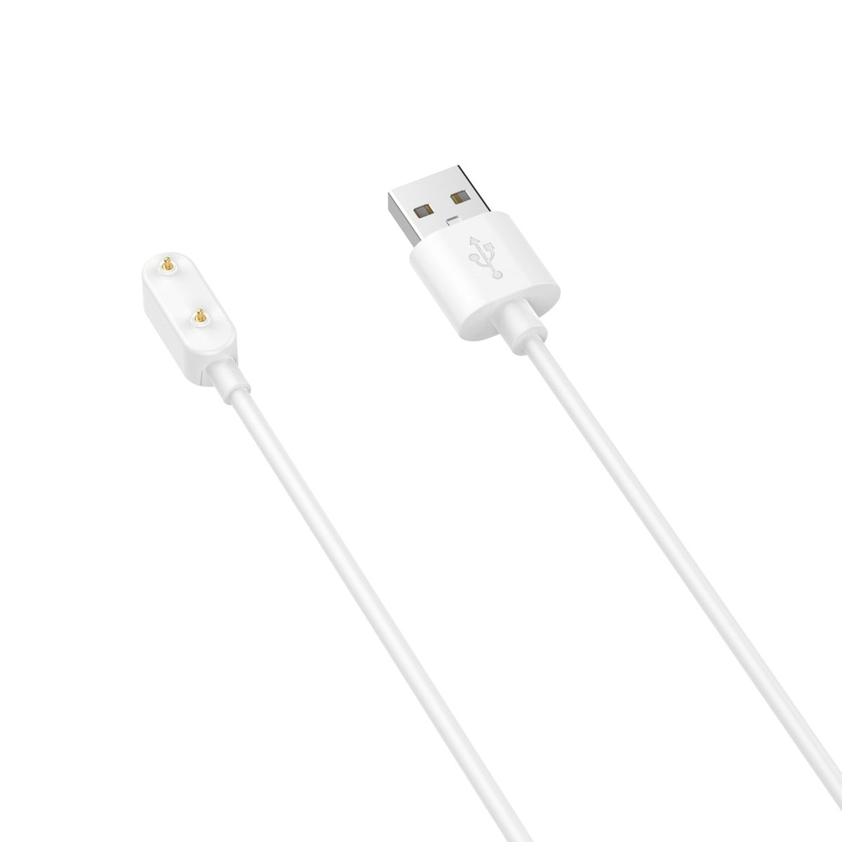 Ein weißes USB-Ladekabel mit zwei kleinen magnetischen Ladeköpfen. Es ist auf weißem Hintergrund.