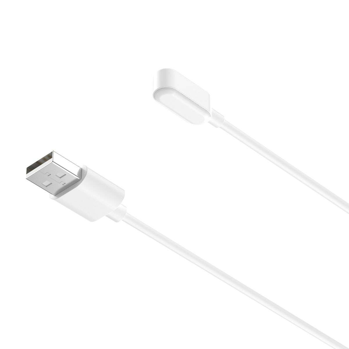 Weißes USB-zu-Magnetladekabel, mit USB-Anschluss und Ladekopf.