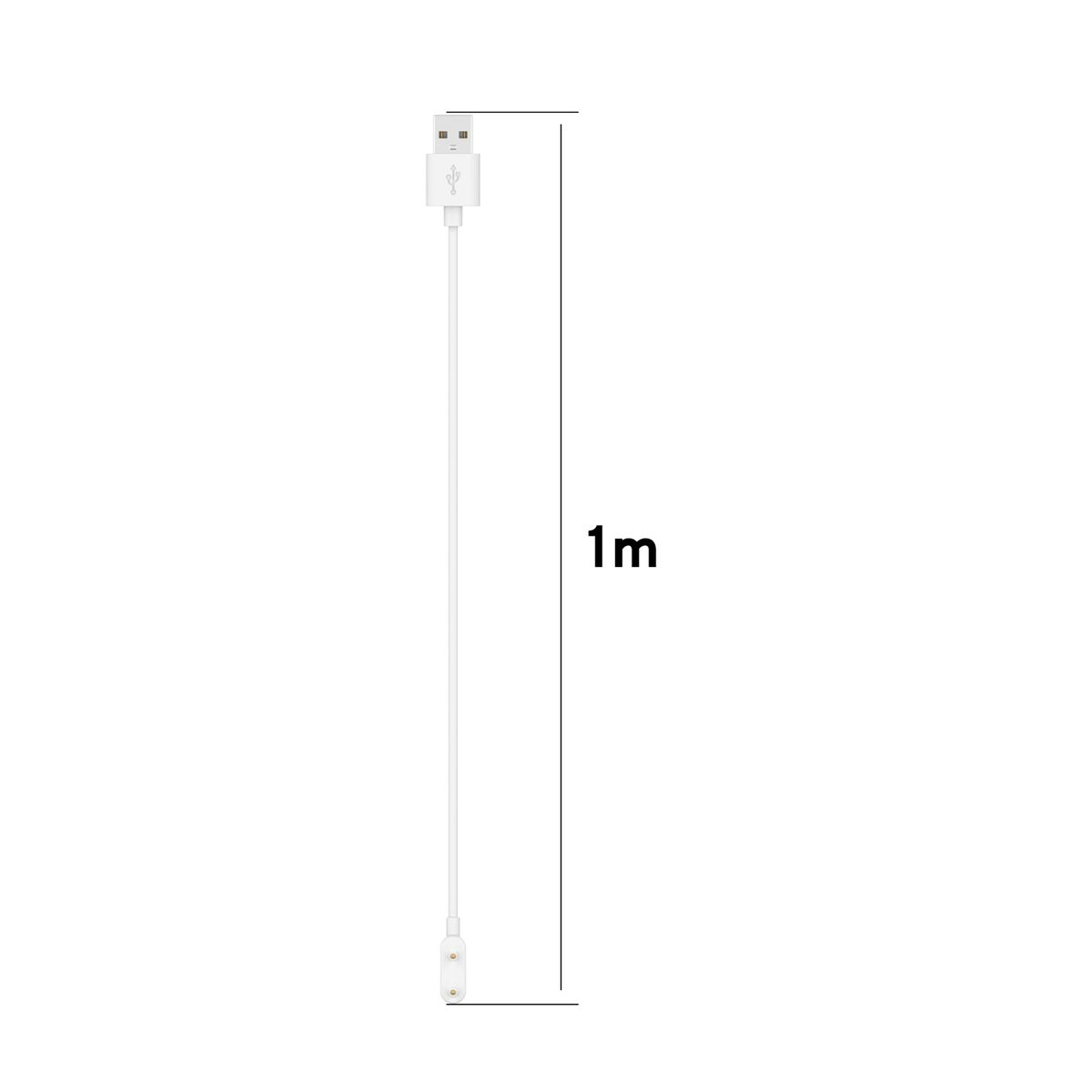 Ein weißes USB-Ladekabel mit Stecker an einem Ende und Anschluss am anderen.