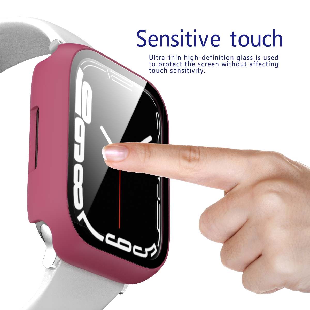 Ein Finger berührt den Bildschirm einer Smartwatch mit rotem Gehäuse. Die Uhr zeigt Zahlen.