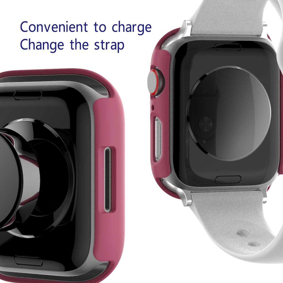 Smartwatch mit pinkem Gehäuse und weißem Armband. Das Gehäuse ist offen.