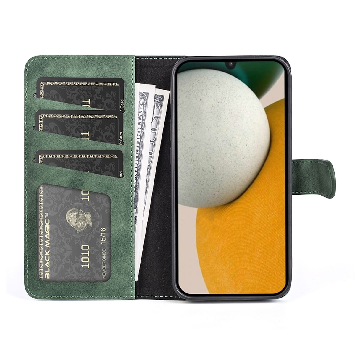 Bookcover, Kreditkarten Fach, & A15, Wallet Tasche Samsung, WIGENTO Geld Galaxy 2farbige mit Grün Book