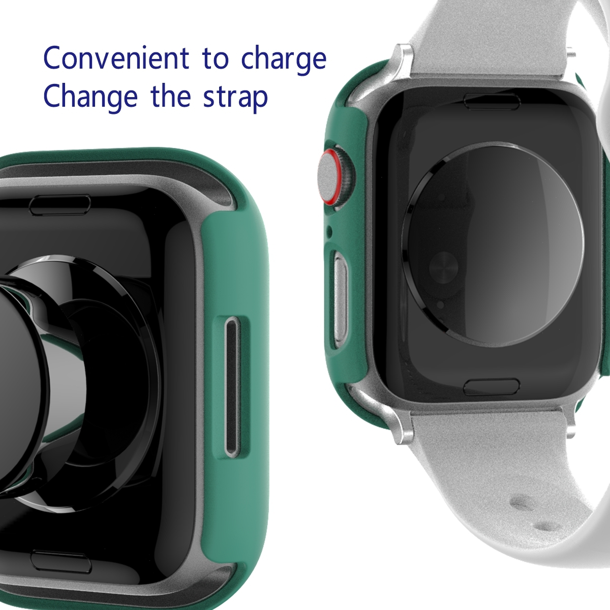 Zwei Apple Watches. Eine mit grünem Gehäuse und weißem Band, die andere mit schwarzem Ladegerät.