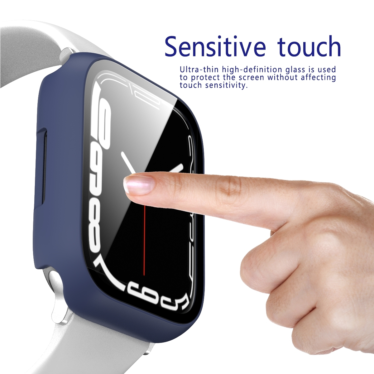Eine Hand berührt eine Smartwatch mit blauem Gehäuse, mit Text.