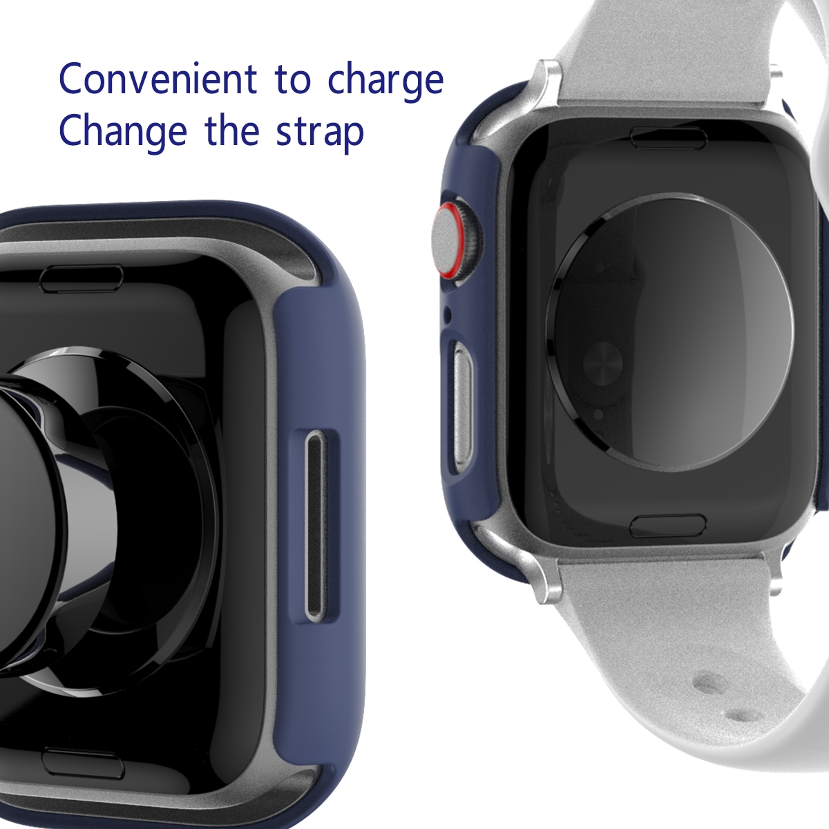 Zwei Smartwatches, eine mit blauem Gehäuse und weißem Armband, die andere wird geladen.