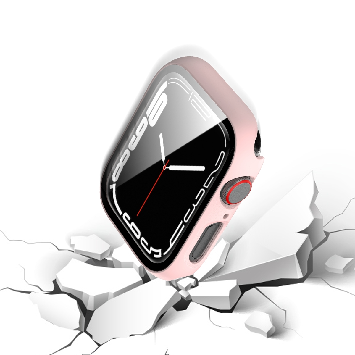 Rosa Apple Watch Gehäuse auf zerbrochener weißer Oberfläche.