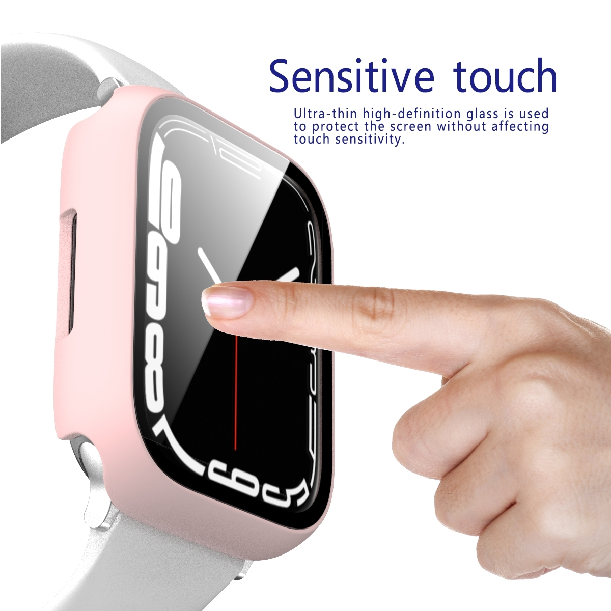 Der Finger einer Person berührt den Bildschirm einer Smartwatch mit rosa Gehäuse.