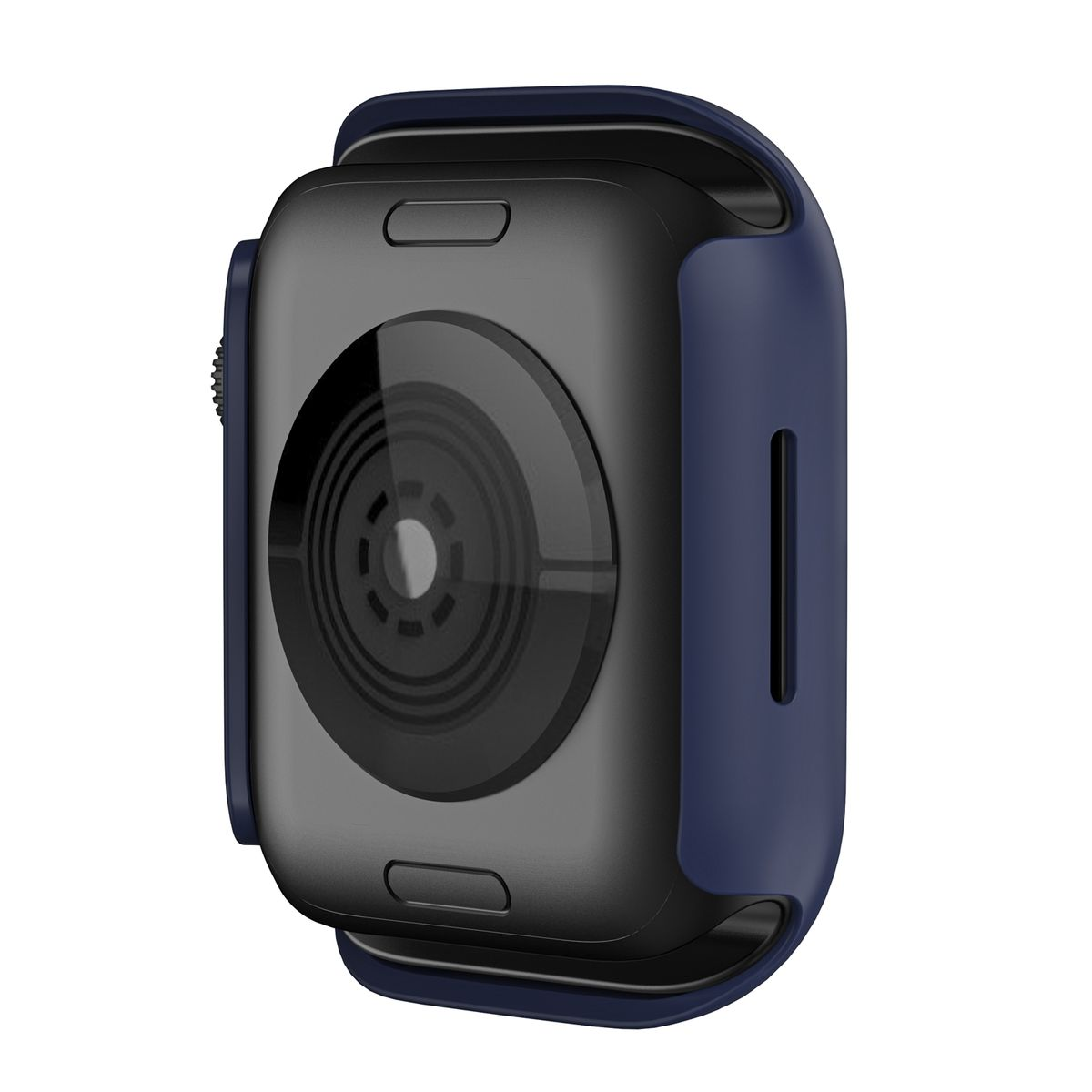 Eine marineblaue Apple Watch Hülle, zeigt die Rückseite der Uhr, freigestellt.