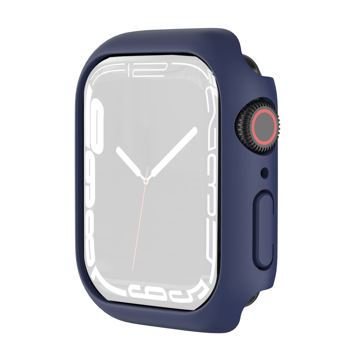 Eine dunkelblaue Apple Watch Hülle mit sichtbarem Ziffernblatt.