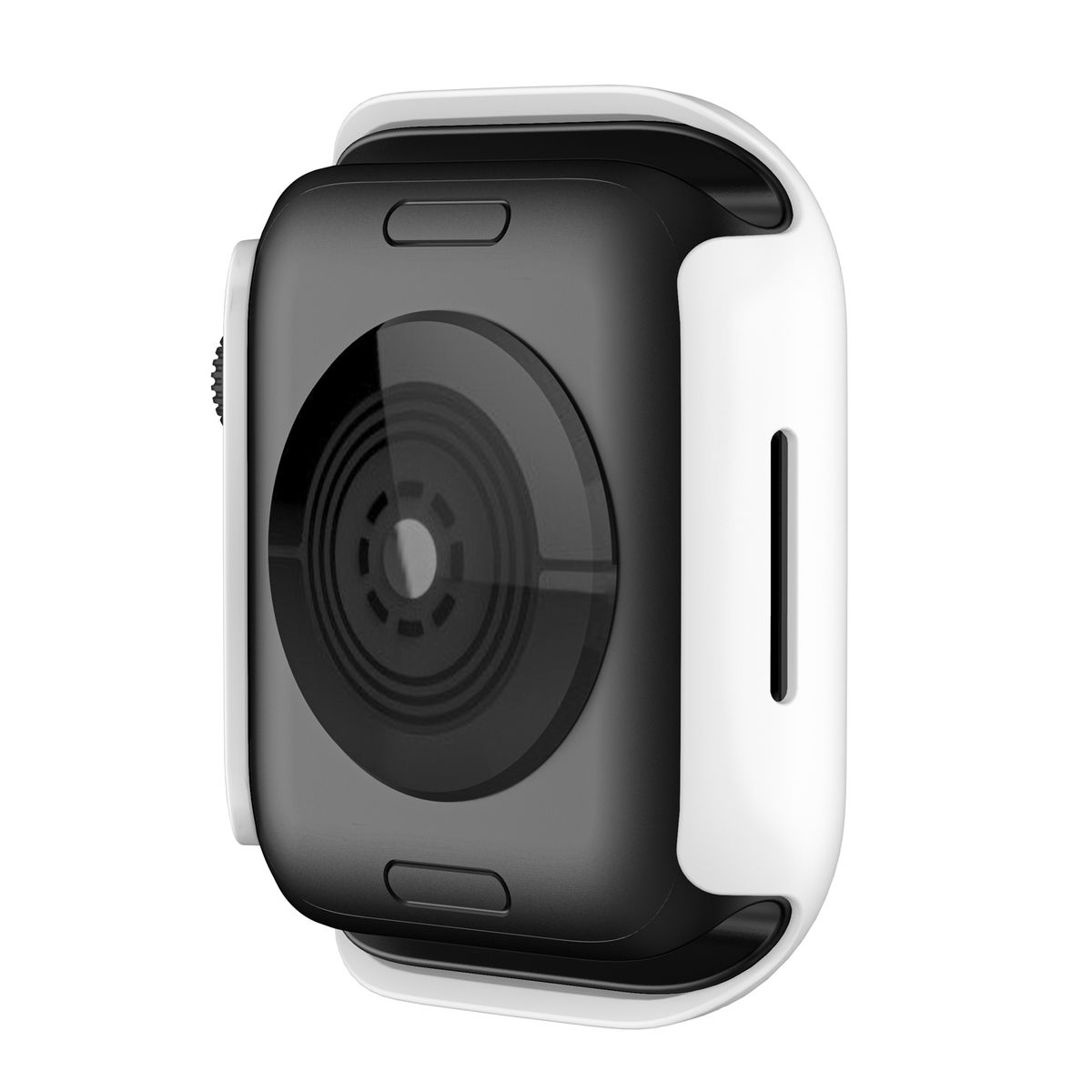 Eine weiß-schwarze Apple Watch mit schwarzem Bildschirm. Die Uhr ist zum Betrachter geneigt.