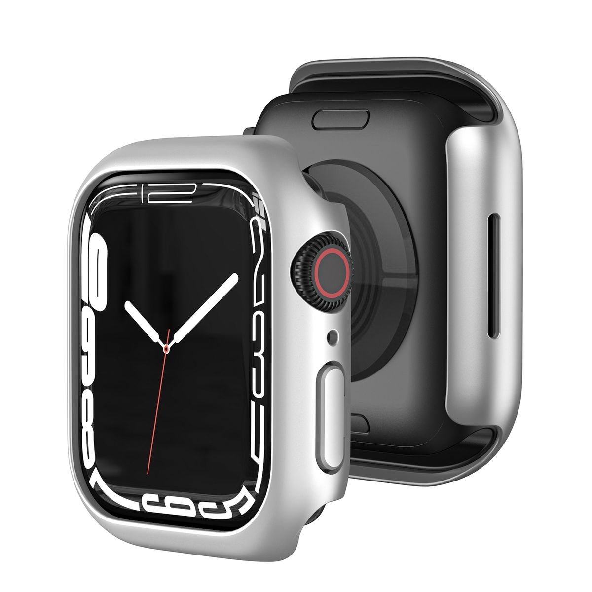 Silberne Apple Watch mit silbernem Gehäuse. Die Uhr zeigt die Zeit und ist leicht angewinkelt.