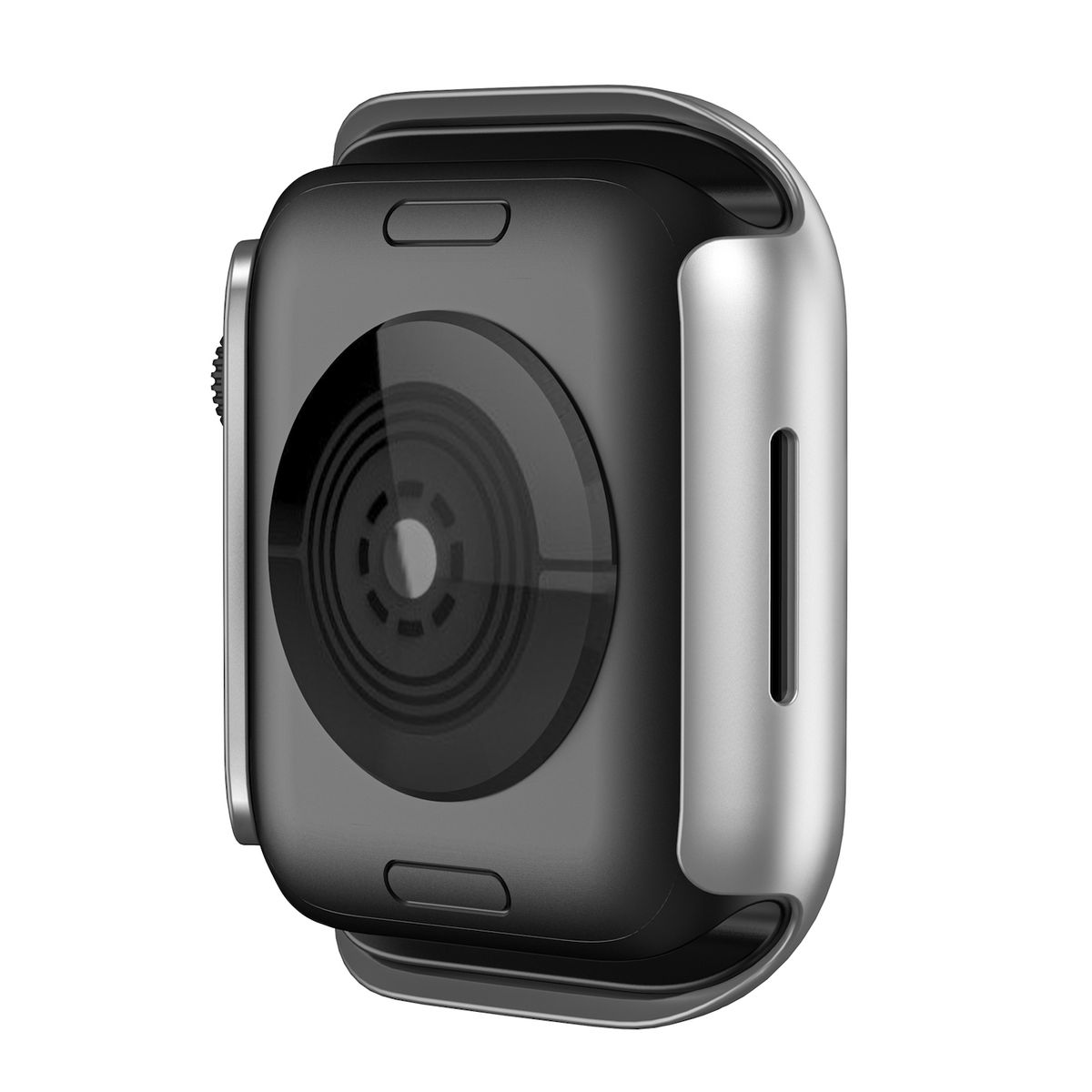 Silber-schwarze Smartwatch mit Kamera. Schräge Ansicht, isoliert auf weiß. Zeigt die Rückseite des Geräts.