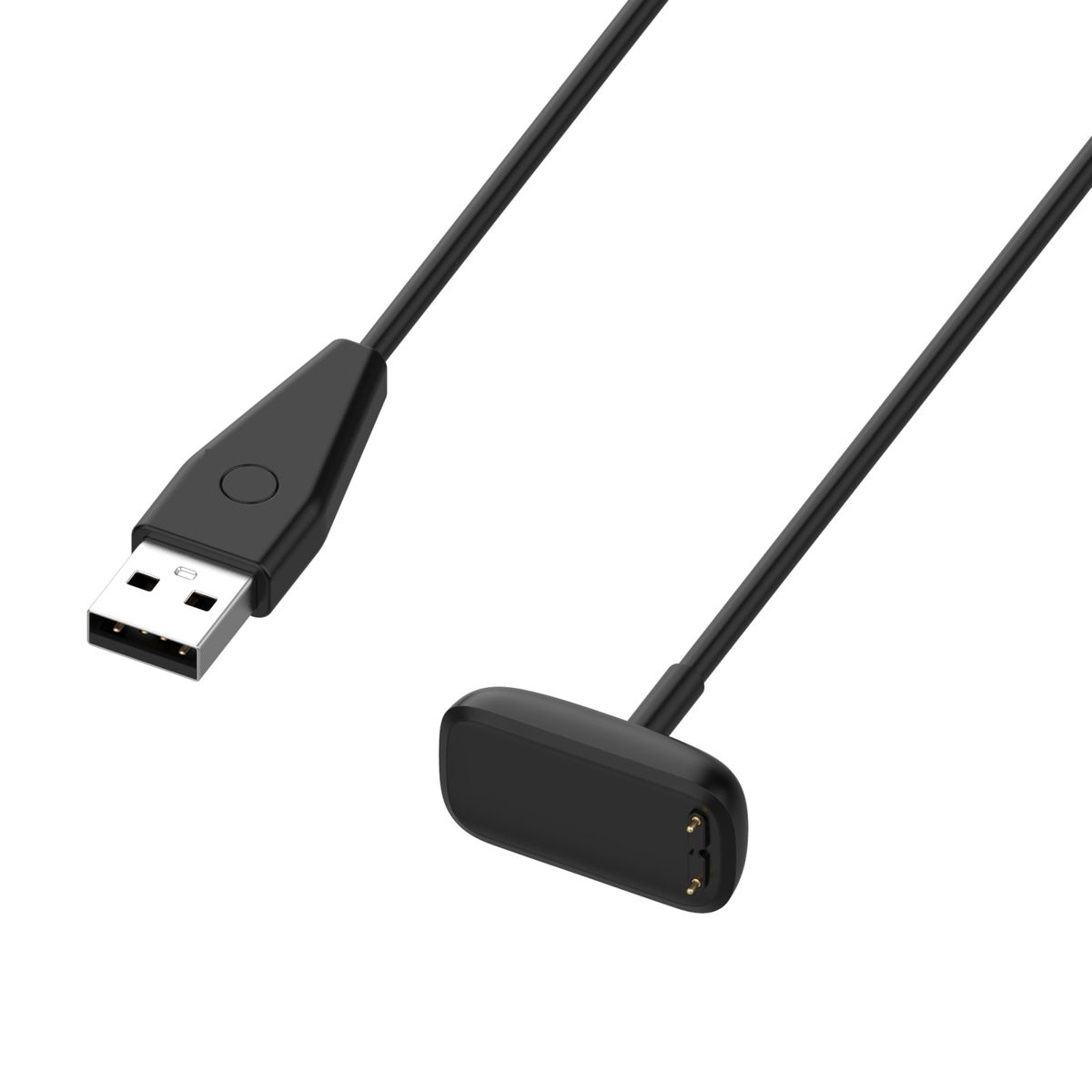 Schwarzes USB-Ladekabel mit Anschluss für einen Fitness-Tracker.