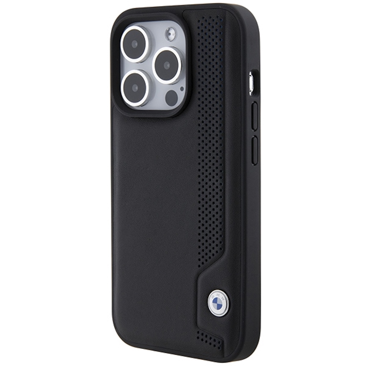 Custodia per telefono nera con logo BMW, che mostra i ritagli della fotocamera e la texture.