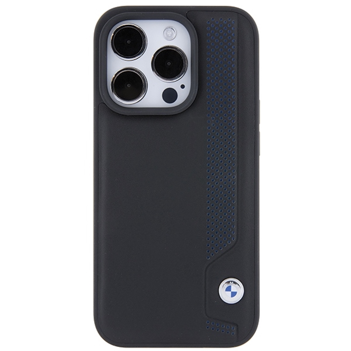 Custodia per telefono nera con logo BMW. La custodia ha un motivo blu strutturato.