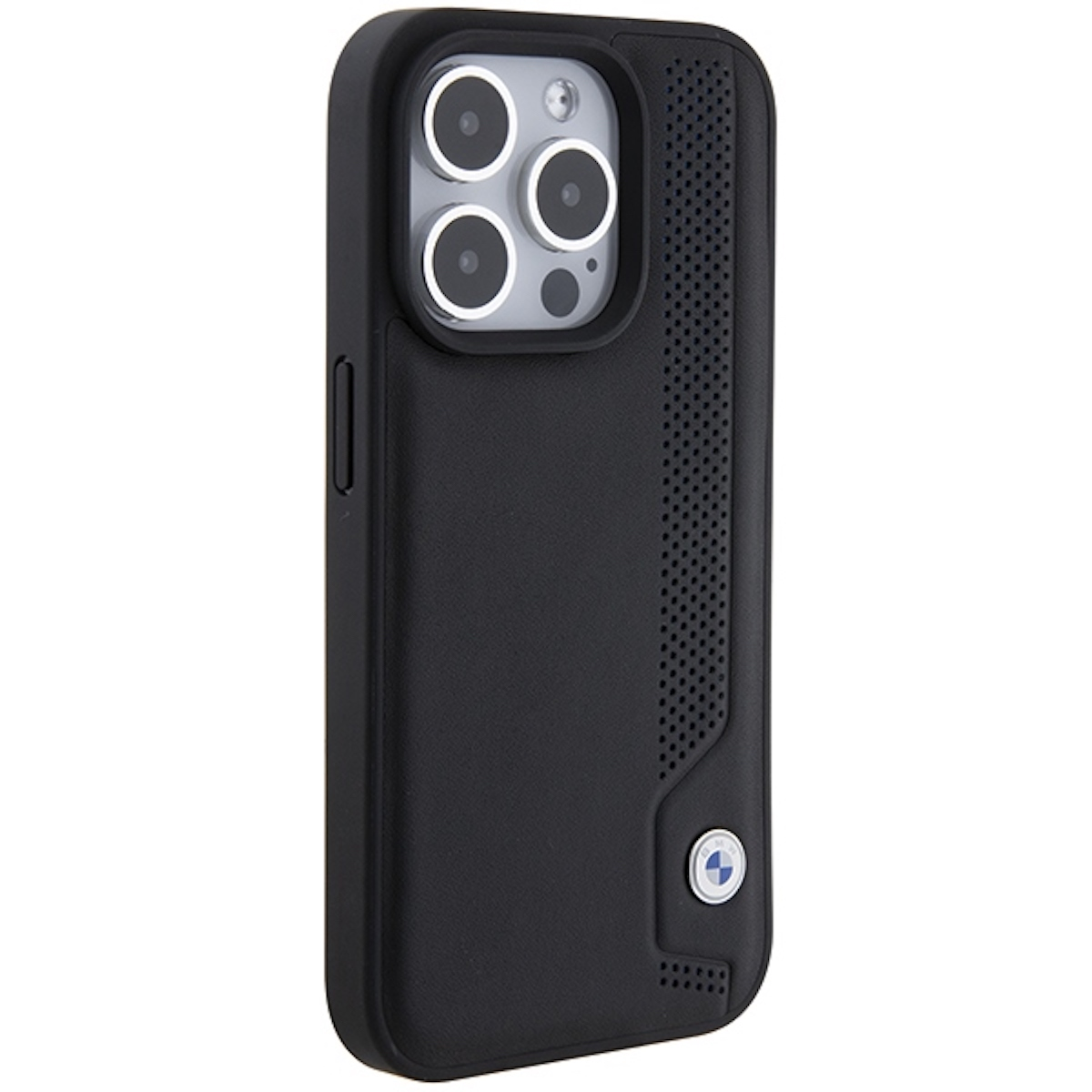 Custodia nera per iPhone con tre fotocamere e logo BMW. La custodia ha un lato strutturato.