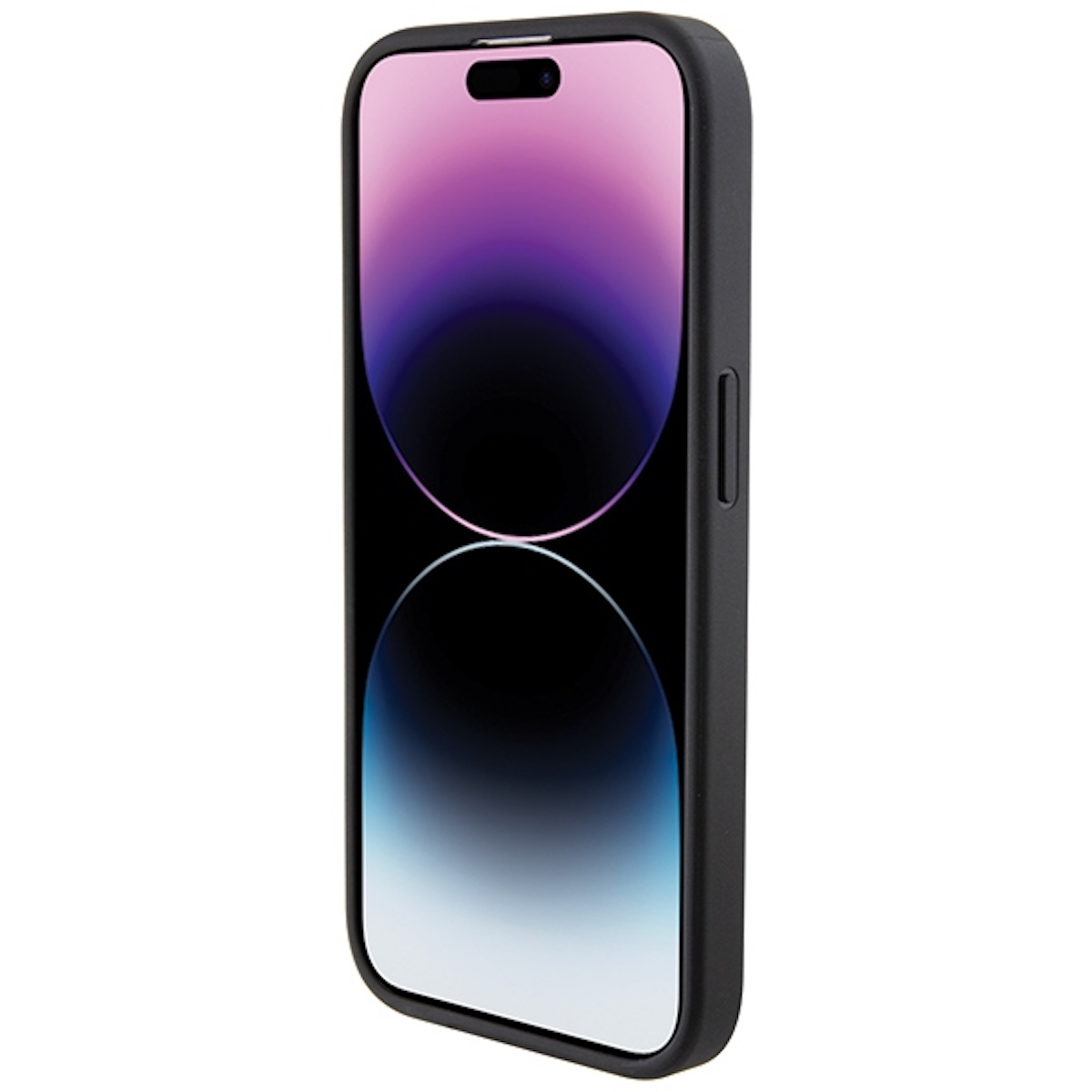 Telefono nero in una custodia nera, vista frontale. Lo schermo mostra una sfumatura viola e blu.
