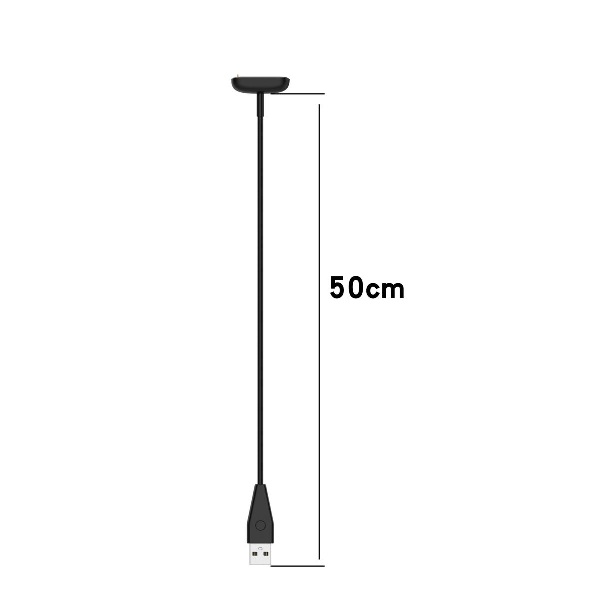 Ein schwarzes Ladekabel mit USB-Anschluss und langem, dünnem Ende.