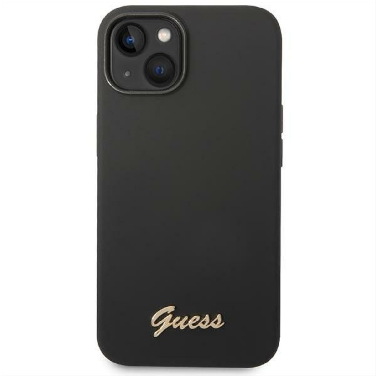 Una custodia per telefono Guess nera con il logo Guess dorato.