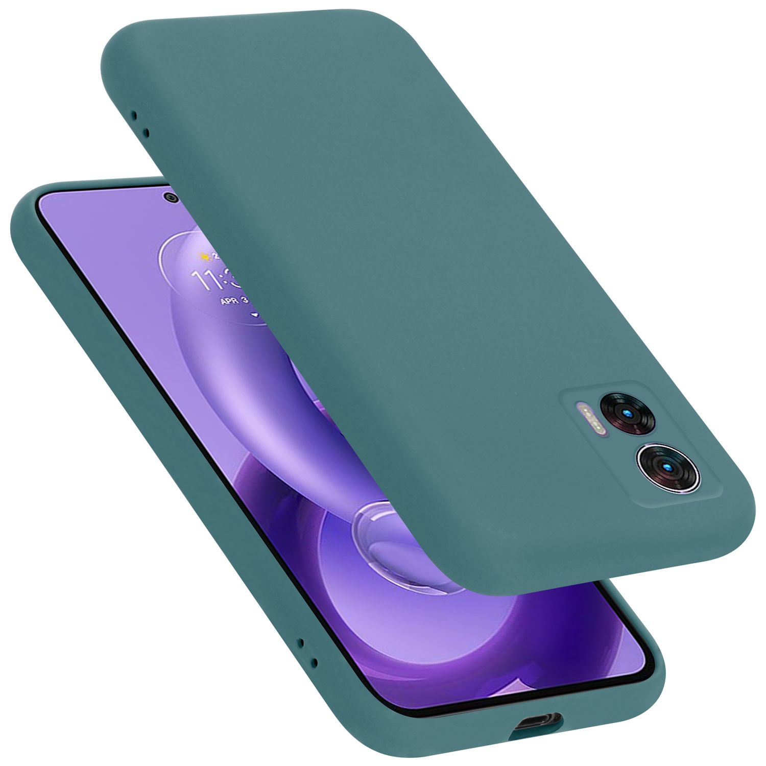 Eine türkisfarbene Handyhülle und ein Handy. Das Handy hat zwei Kameras.