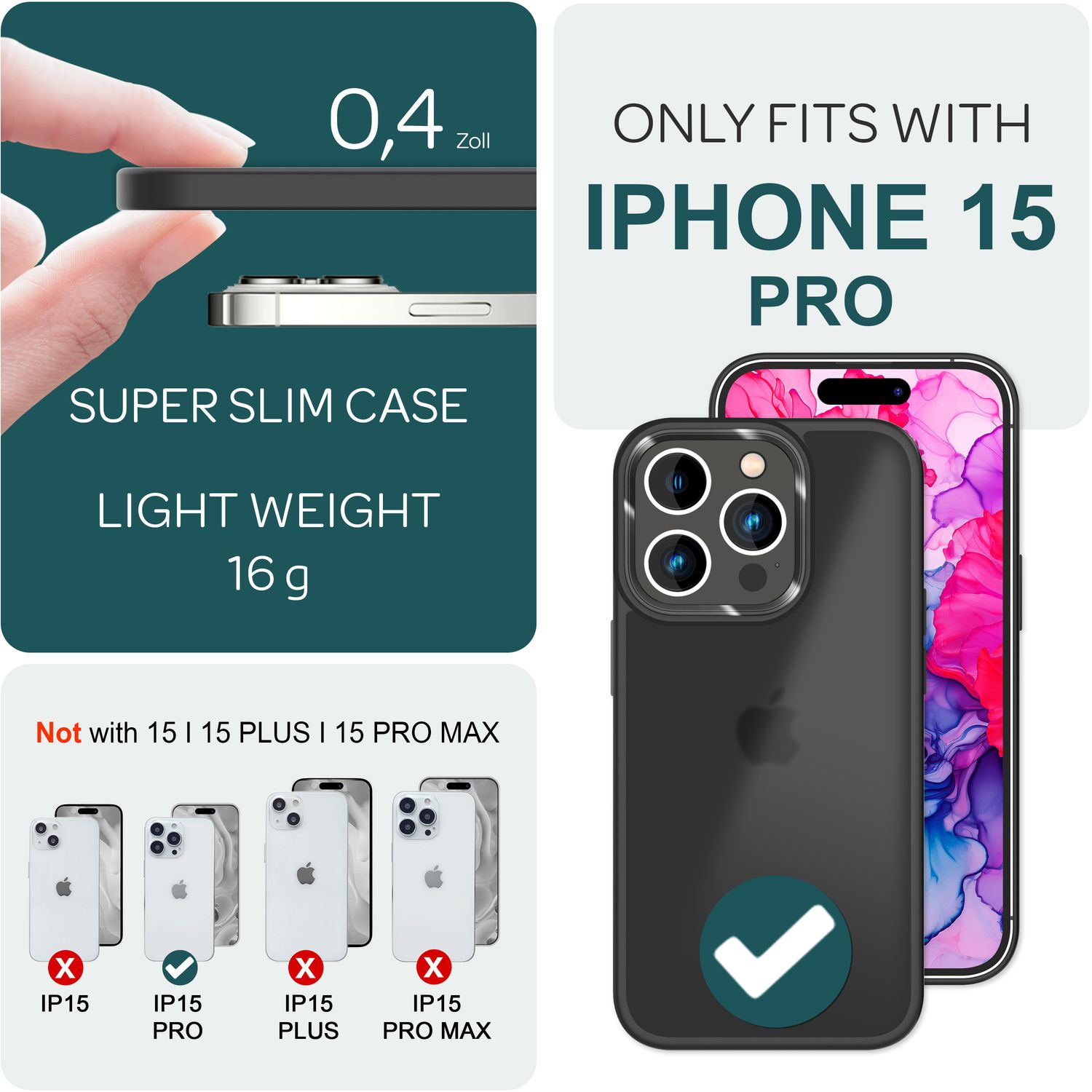 iPhone 15 Pro in schwarzer Hülle, mit schlanker Hülle und Verpackung.
