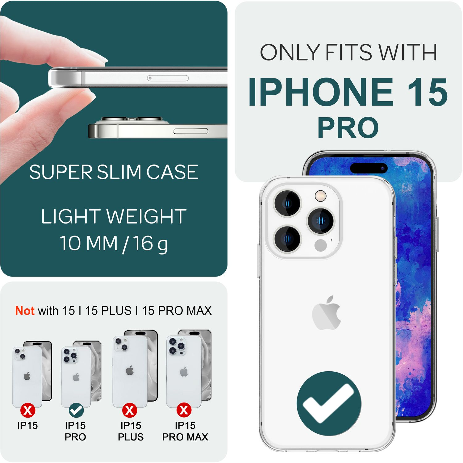 Handyhülle für iPhone 15 Pro. Text gibt an, dass sie nur für das Pro-Modell geeignet ist und zeigt die anderen Versionen.
