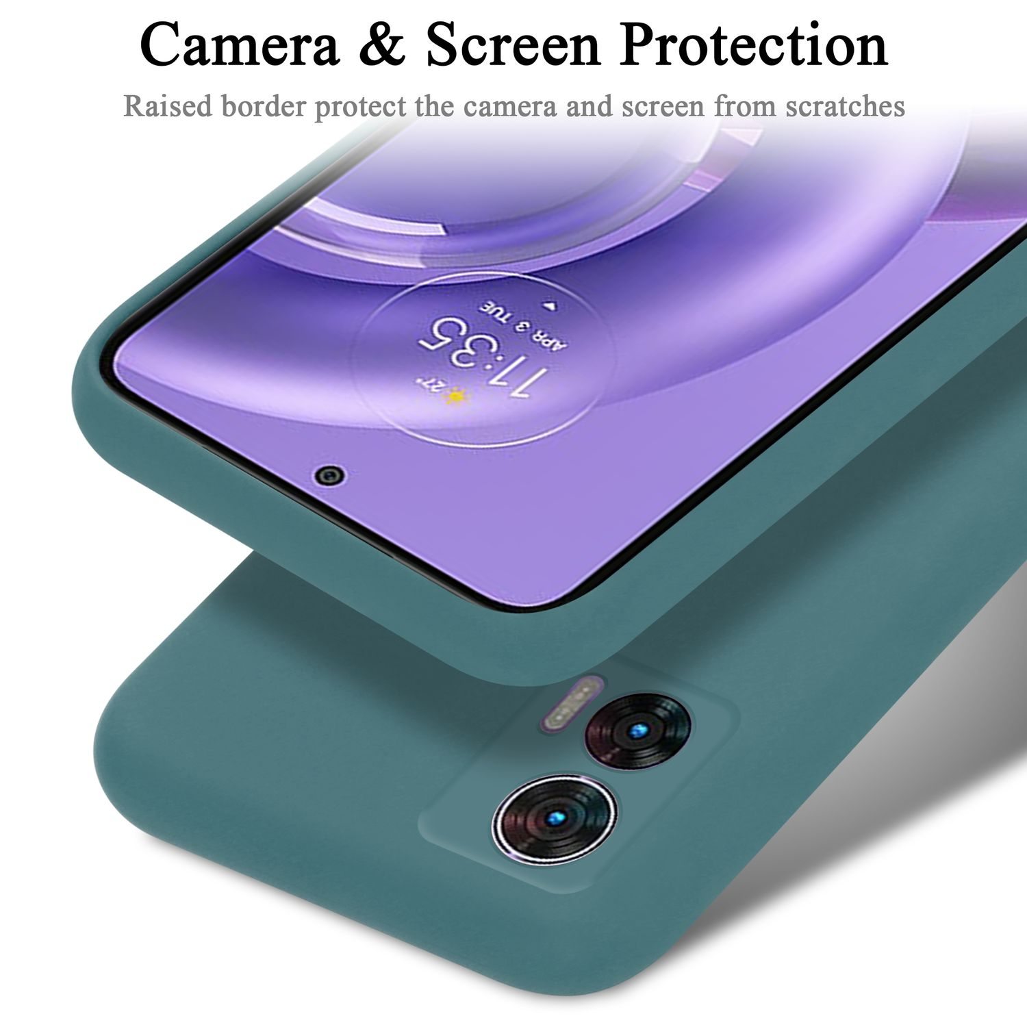 Nahaufnahme einer teal Handyhülle mit einem Telefon darin. Die Hülle hat Kamera- und Bildschirmschutzfunktionen.