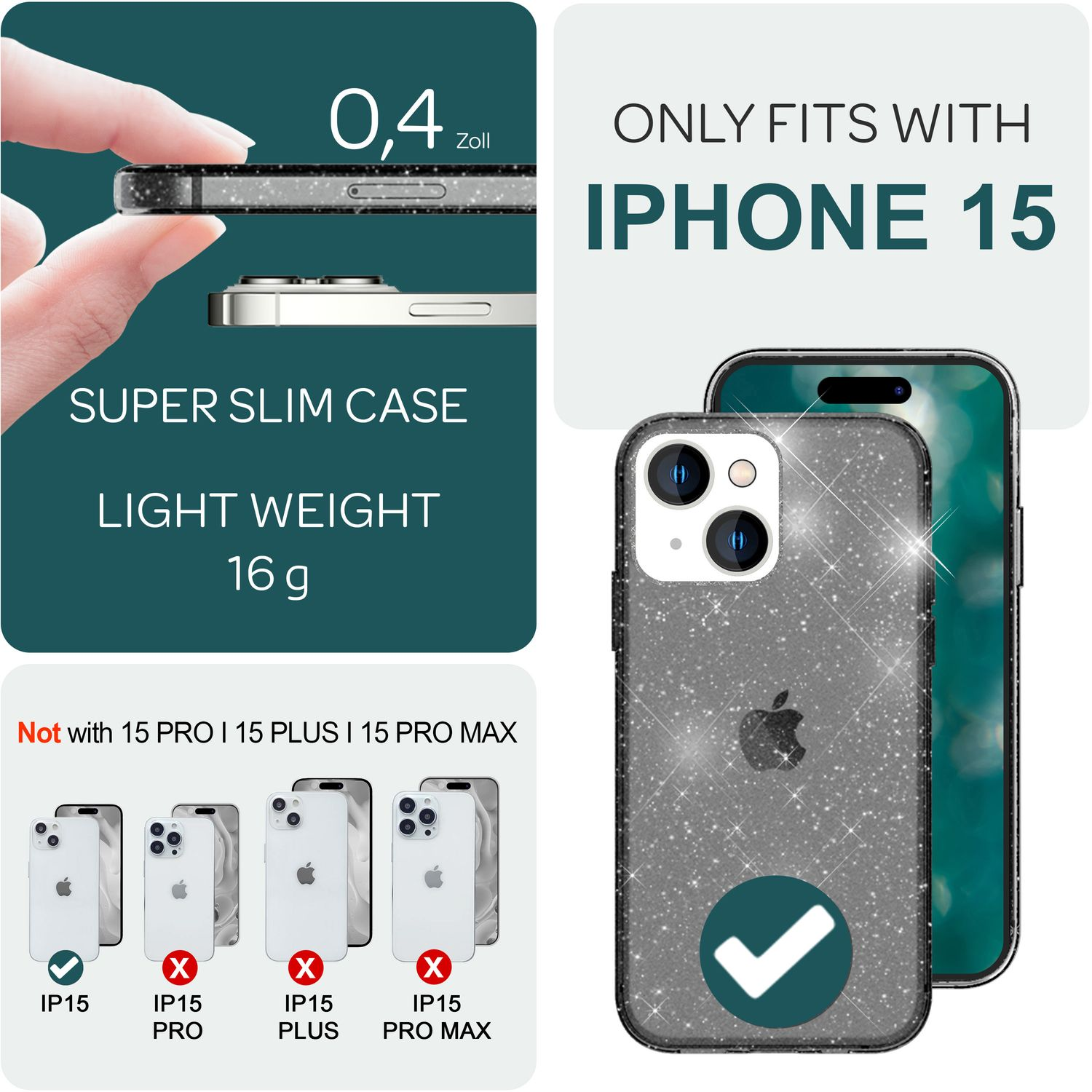 Una custodia per telefono con un iPhone 15, che mostra la sottigliezza della custodia e i dettagli di compatibilità.