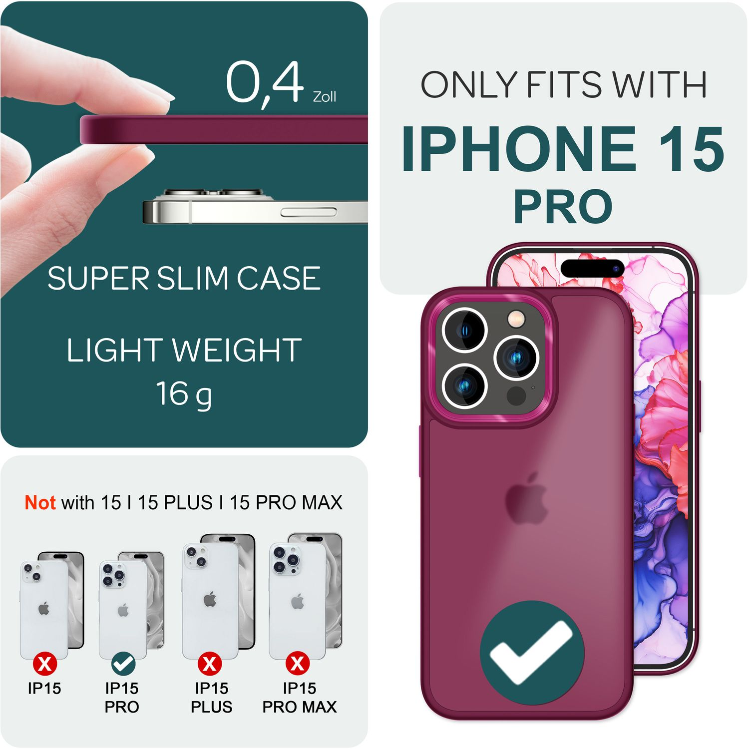 Coque de téléphone violette sur fond blanc, avec texte sur la compatibilité, iPhone 15 Pro.
