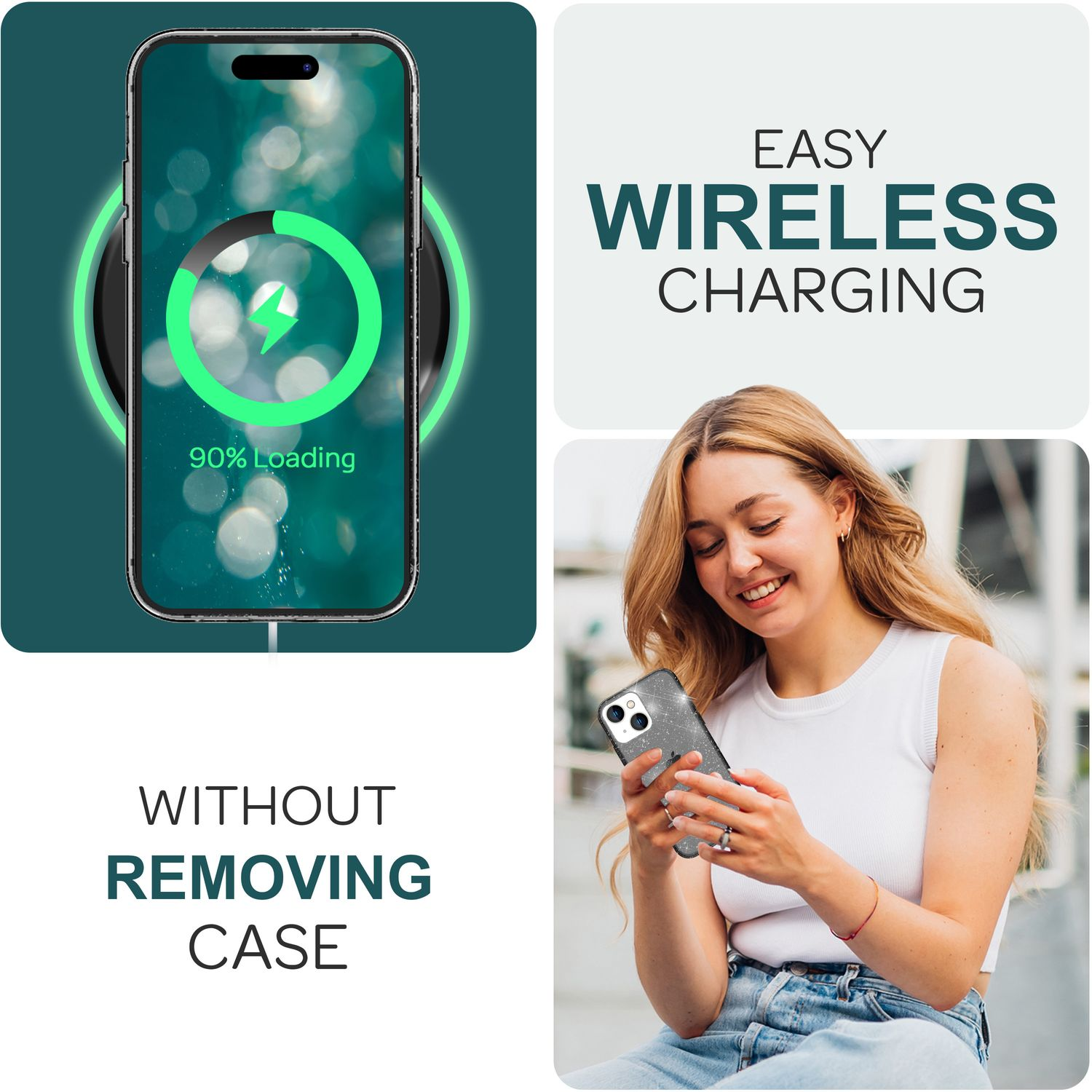 Una donna con un telefono su un caricatore wireless. Il testo dice 'Ricarica wireless facile' e 'Senza rimuovere la custodia'.