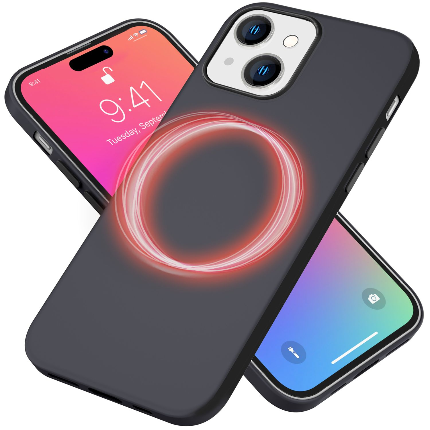 Zwei Smartphones. Eines ist schwarz mit rotem Ring, das andere rosa mit Sperrbildschirm.