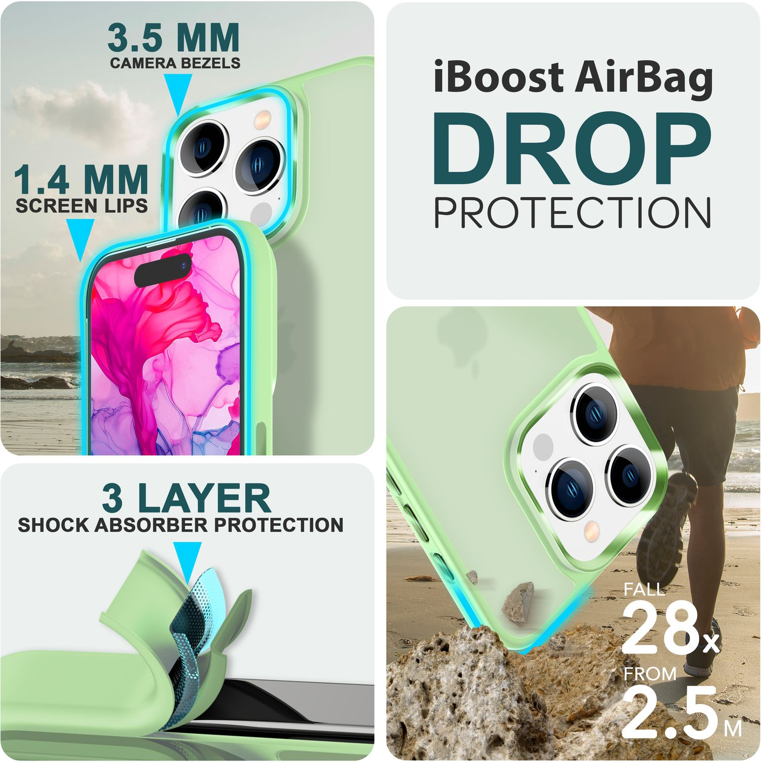 Grüne Handyhülle mit Details. Text: iBoost Airbag DROP PROTECTION. Fall 28x aus 2,5m.