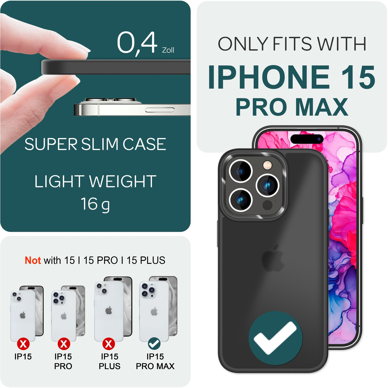 Un étui de téléphone avec une comparaison de téléphone et d'étui. Le texte mentionne 'IPHONE 15 PRO MAX'.