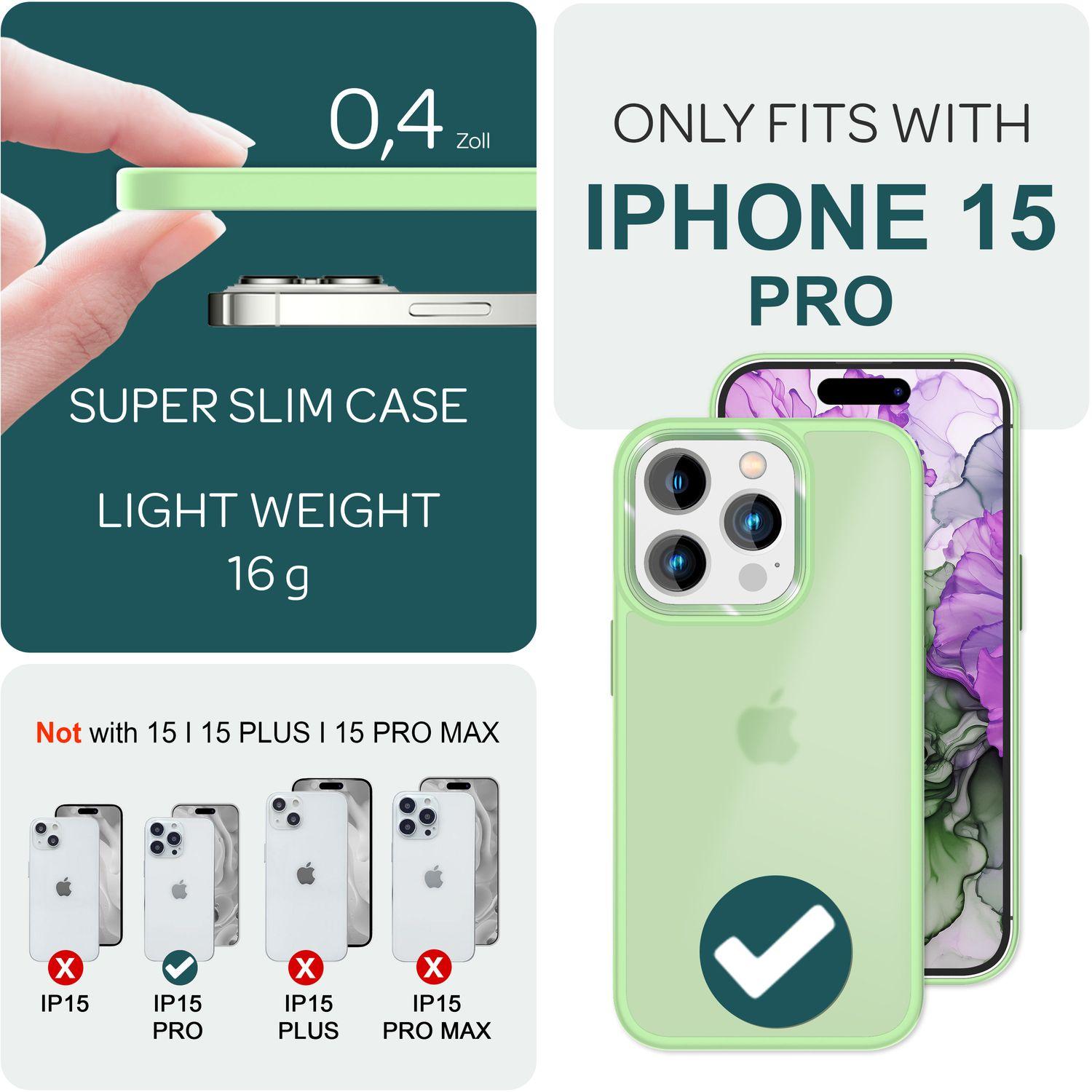 Coque verte avec texte, pour iPhone 15 Pro. Super mince, légère et compatible uniquement avec iPhone 15 Pro.