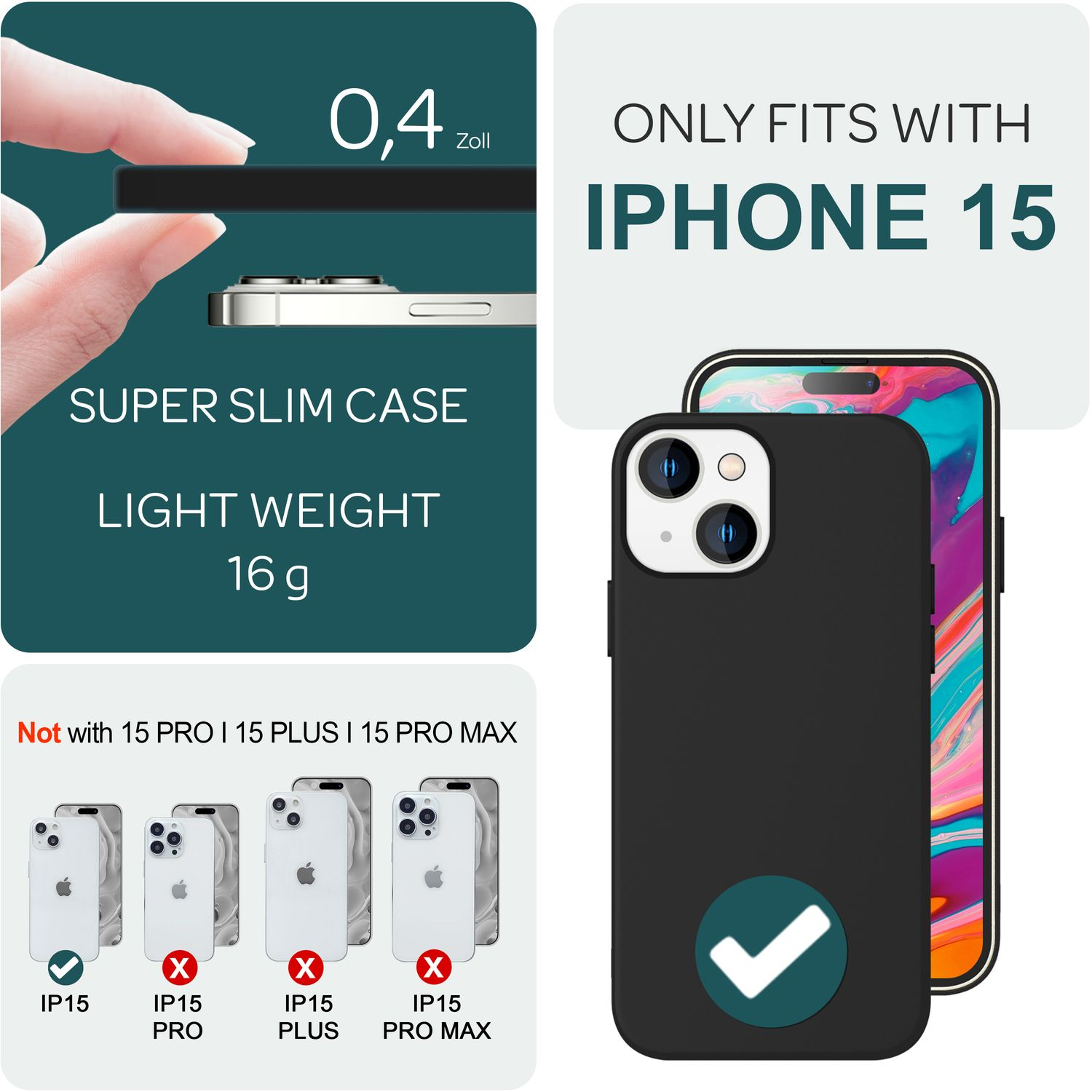 iPhone 15 Hülle, schwarz, mit weißem Häkchen, mit Vergleich der Telefonmodelle.