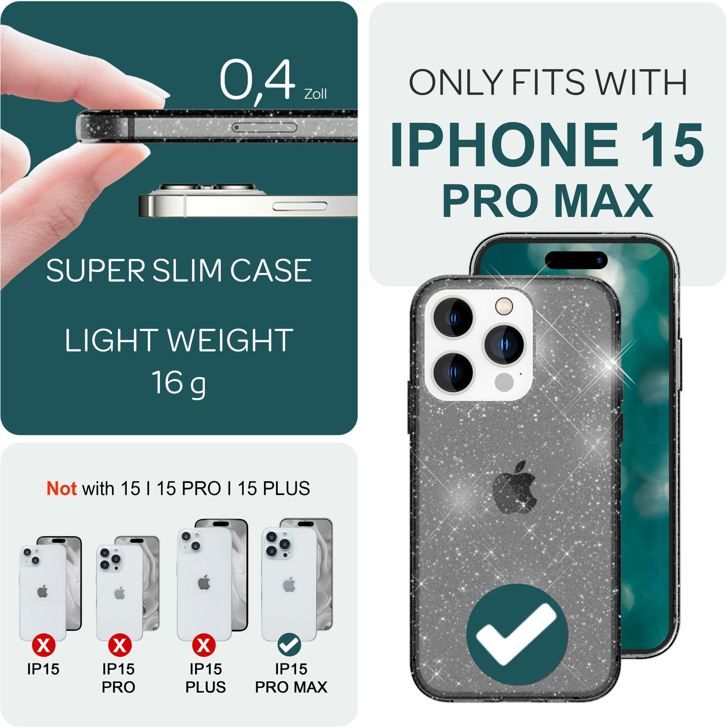 Coque iPhone 15 Pro Max avec design scintillant, comparée à d'autres modèles iPhone.