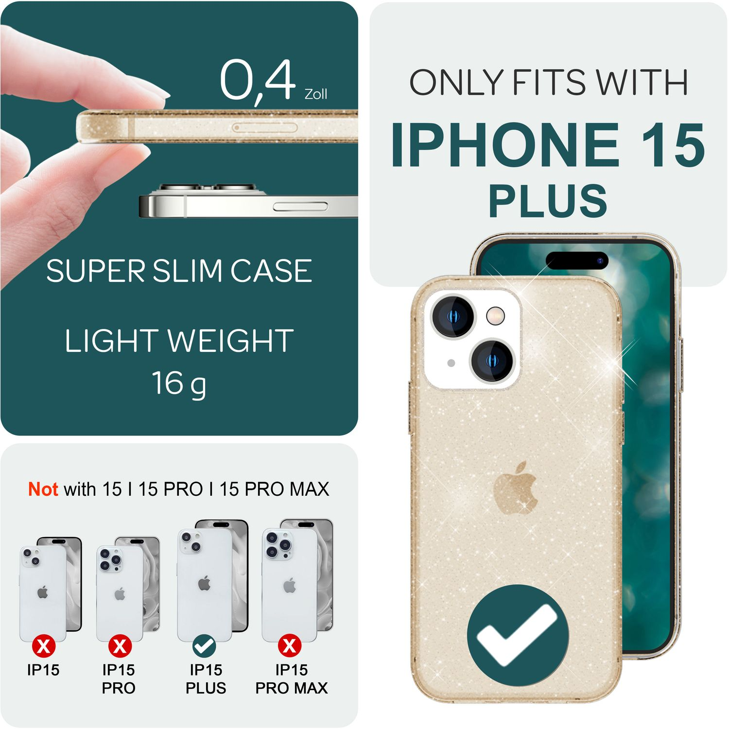 Eine Handyhülle mit einem Telefon. Text: Nur passend für iPhone 15 Plus. Andere iPhone-Modelle sind durchgestrichen.