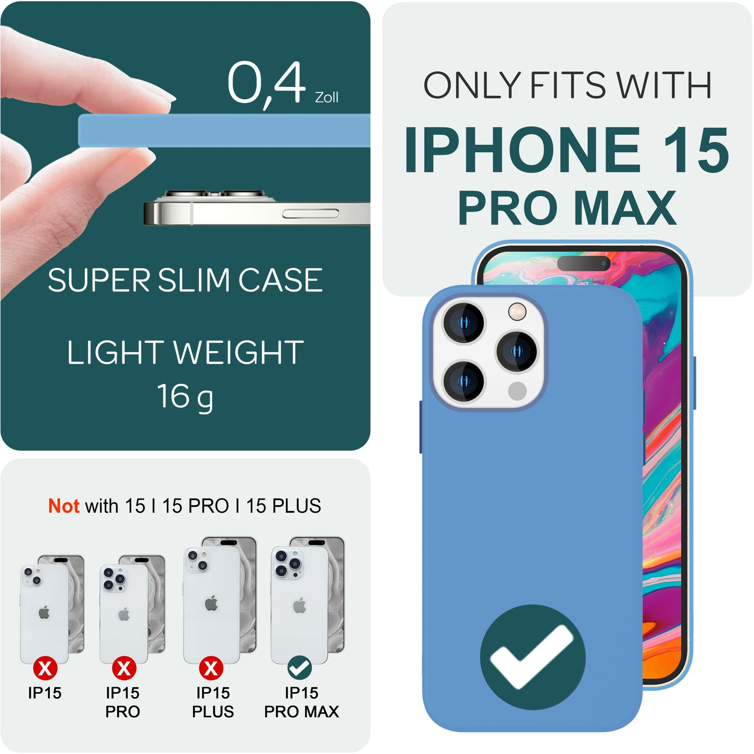 Ein iPhone 15 Pro Max in einer blauen Hülle. Text beschreibt, dass die Hülle nur für das iPhone 15 Pro Max ist.
